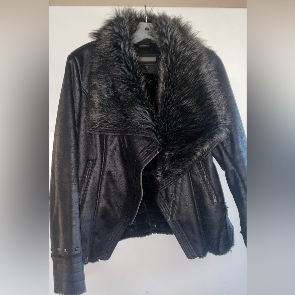 Black Faux Fur Leather Motorcycle Coat